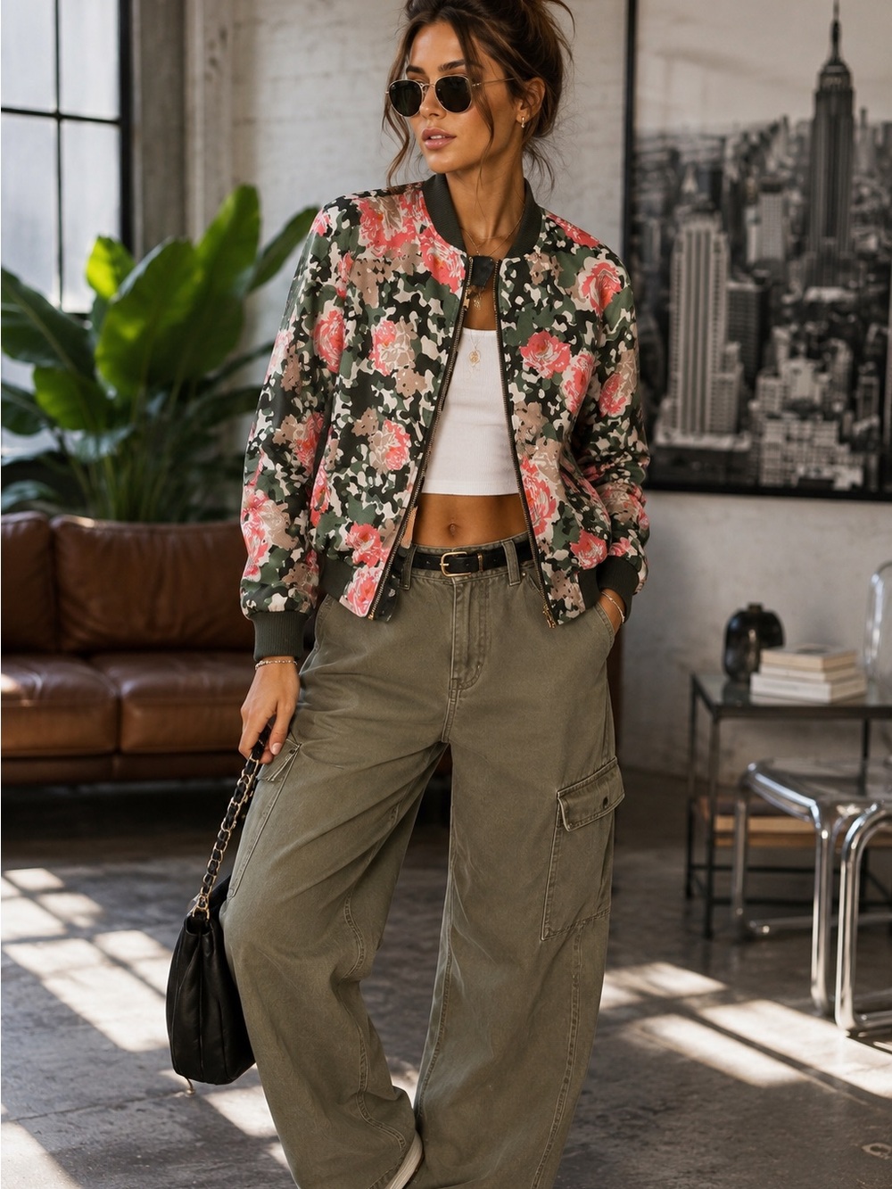 Floral Camouflage Bomber Jacket Women’s S Olive Pink Green Zip Up Streetwear